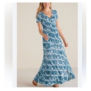 Soft Surroundings Joanna Faux Wrap Maxi Dress Size XL Teal White Abstract Breezy